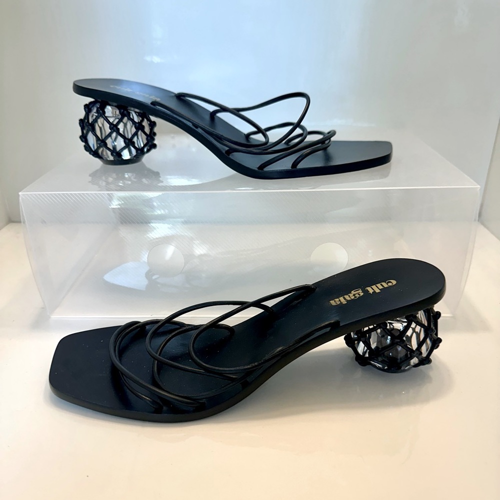 Authentic Cult Gaia Black Strappy Geometric Clear Ball Heel Sandals - Picture 3 of 12